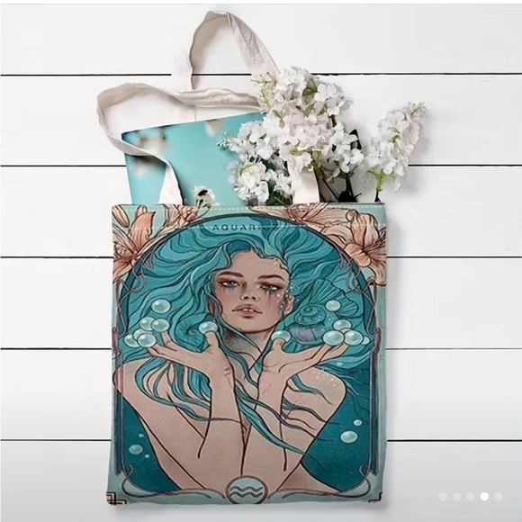 Aquarius Girl Print Canvas Tote Bag,Large Capacity Lightweight Reusable artsy - Picture 4 of 6